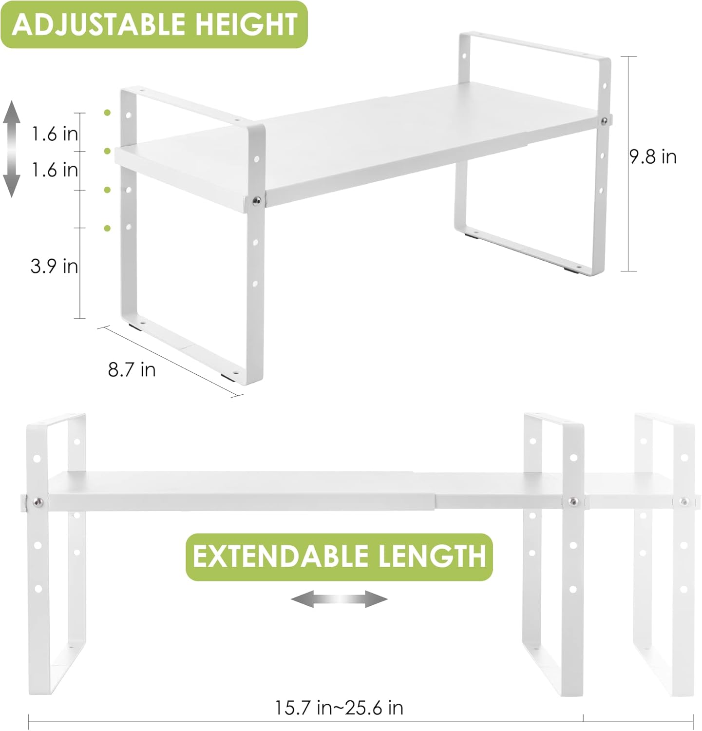Expandable Cabinet Shelf Organizer Rack, Stackable Kitchen Counter Storage Shelves Stand, Adjustable Height Pantry Shelf Spice Rack (White, 1 Pack)