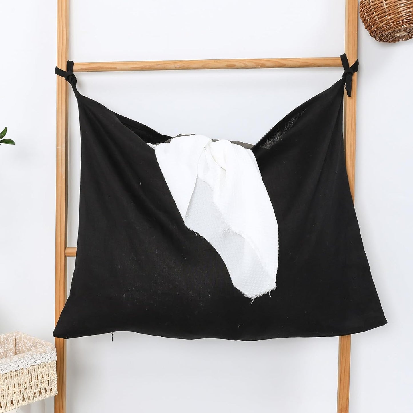 Hanging Linen Laundry Bag, 100% Pure Flax Linen Over The Door Hamper with Bottom Zipper for Laundry Room, Household Dirty Cloth Storage Organizer Bag, Black
