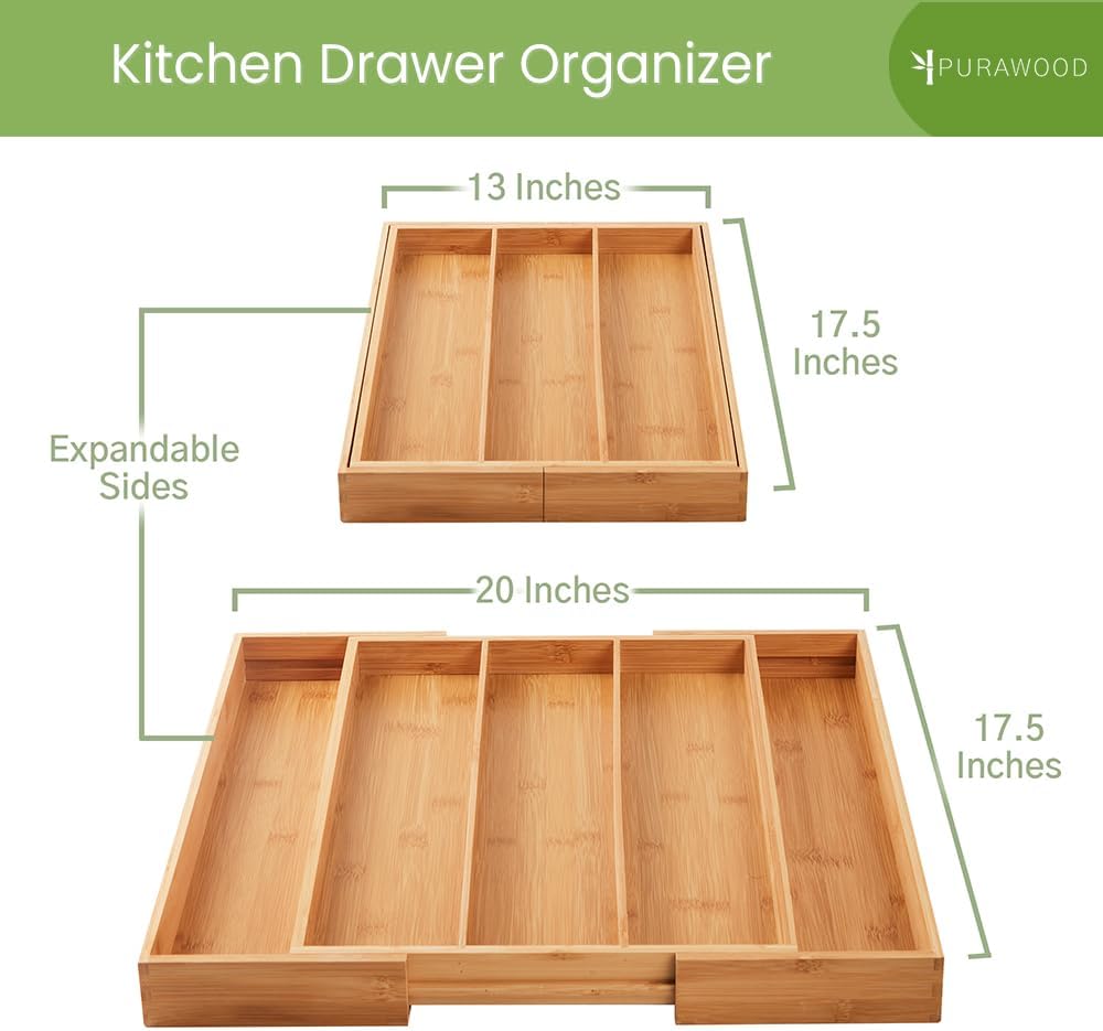 Purawood Kitchen Drawer Organizer - Expandable Utensil Drawer Organizer for Kitchen, Cutlery Tray & Silverware Organizer, 3-5 Slots - Bamboo Organizer for Utensils & Flatware (Natural)