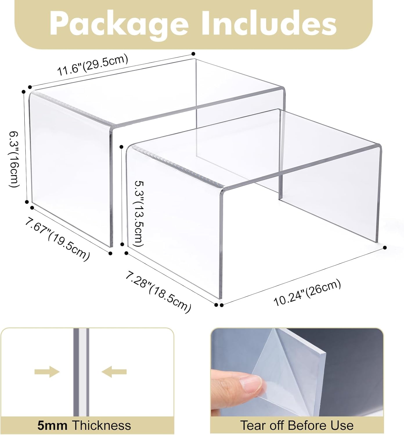 Acrylic Clear Kitchen Rack for Dishes, Spices Jars and Mugs, Kitchen Counter Cabinet Organizer, Clear Spice Rack Shelves, 5mm Thick, 2 Pack