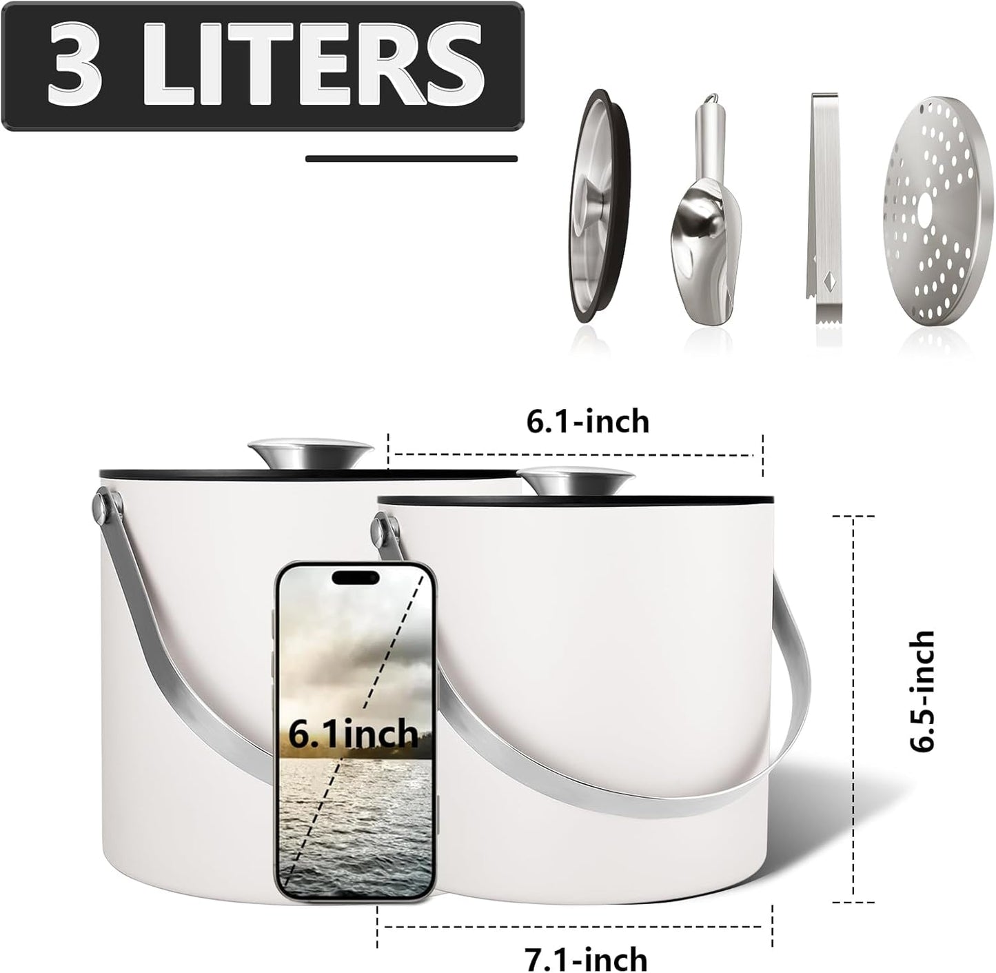 Insulated Ice Bucket with Silicone Lid, Scoop, Tongs & Strainer, 3L Stainless Steel Double Wall Ice Buckets for Parties & Cocktail Bar, Champagne Ice Bucket with Lid for Freezer, Ivory