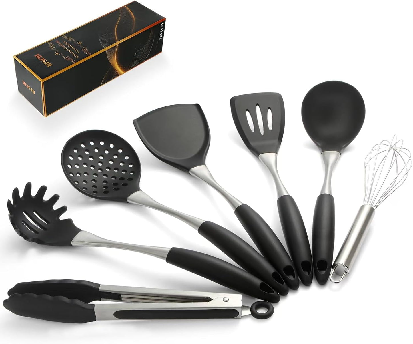 Premium Black Silicone Cooking Utensils Set - Non-Toxic, Heat Resistant& Non-Stick Kitchen Utensils Set with Spatula, Spoon, Whisk, Tongs, BPA Free, Dishwasher Safe, Black
