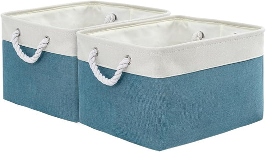 Storage Basket for Organizing - 17X15X12 inch 2 Pack Canvas Storage Bin for Shelves, Fabric Storage Cubes for Cloth Decorative Books Nursery (White & Green)