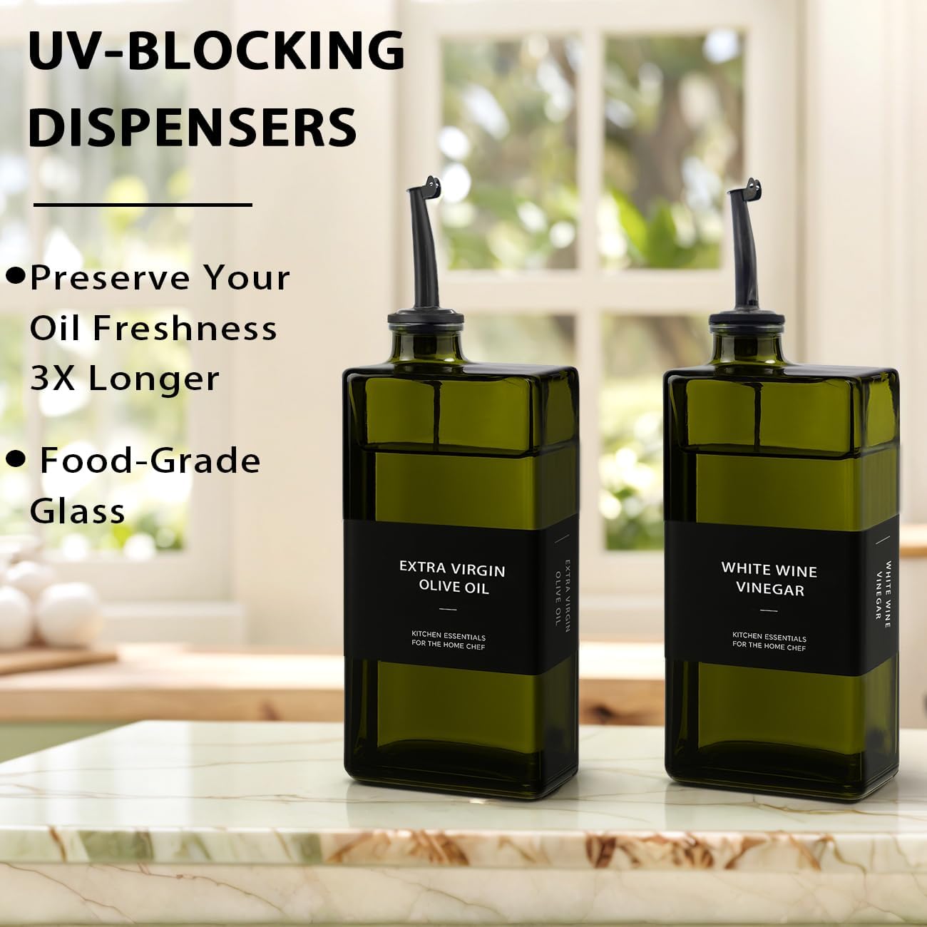 Olive Oil Dispenser Bottle for Kitchen 16.9oz, UV-Blocking Oil and Vinegar Dispenser Set, Soy Sauce Dispenser, Space Saving Design for Countertop (Green, 2pcs)