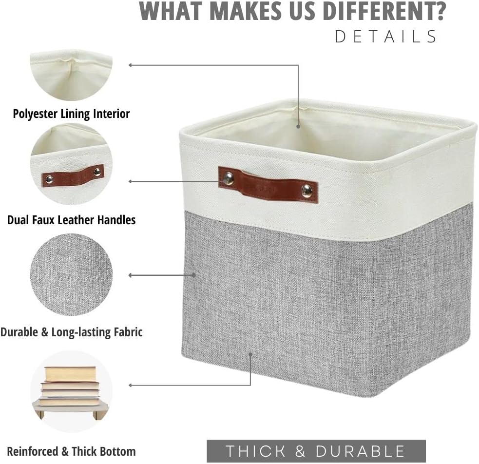 DECOMOMO Storage Cubes, 12x12 Storage Bins, Baskets for Shelves (Grey & White, Cube 12" - 4 Pack)