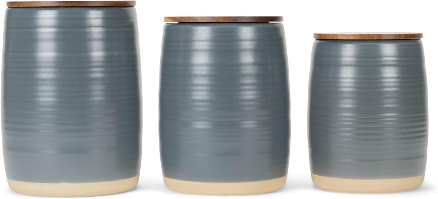 Nat & Jules Lidded Grey 6 inch Ceramic and Wood Kitchen Canisters Set of 3