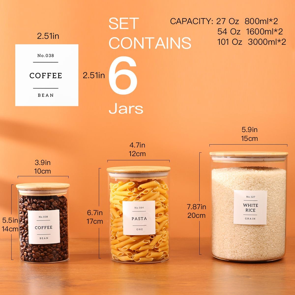6-Pack Borosilicate Glass Storage Jars with Bamboo Lids + 132 Pre-Printed Pantry Labels Included, BPA-Free Thicken Airtight Containers for Flour, Sugar, Rice, Microwave & Freezer Safe(100OZ/54OZ/27OZ)