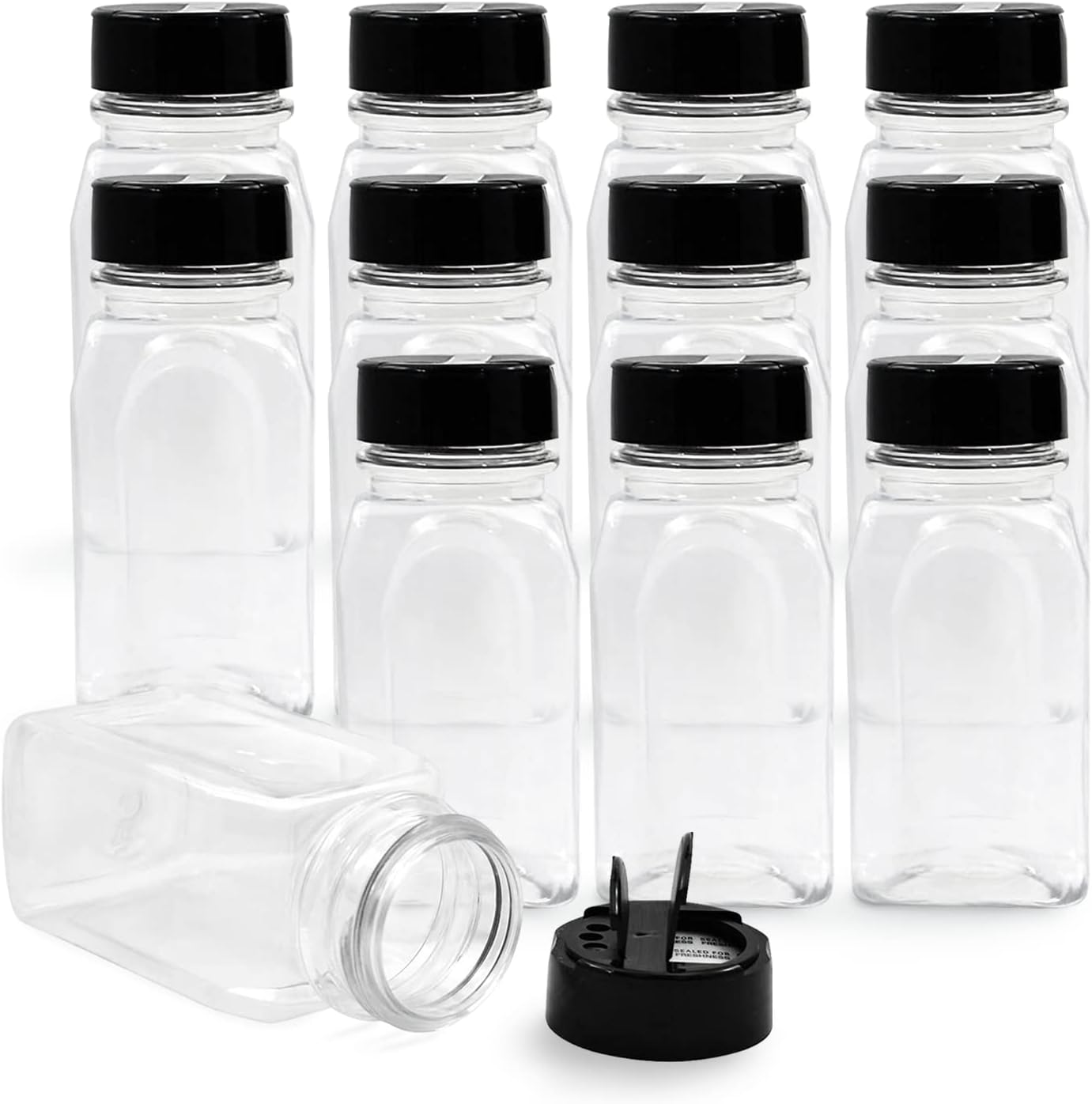 RoyalHouse 6 Pack 9.5 Oz Plastic Spice Jars with Black Cap, Clear and Safe Plastic Bottle Containers with Shaker Lids for Storing Spice, Herbs and Seasoning Powders, BPA Free, Made in USA