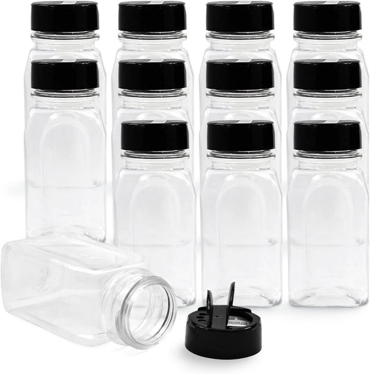 RoyalHouse 12 Pack 9.5 Oz Plastic Spice Jars with Black Cap, Clear and Safe Plastic Bottle Containers with Shaker Lids for Storing Spice, Herbs and Seasoning Powders, BPA Free, Made in USA