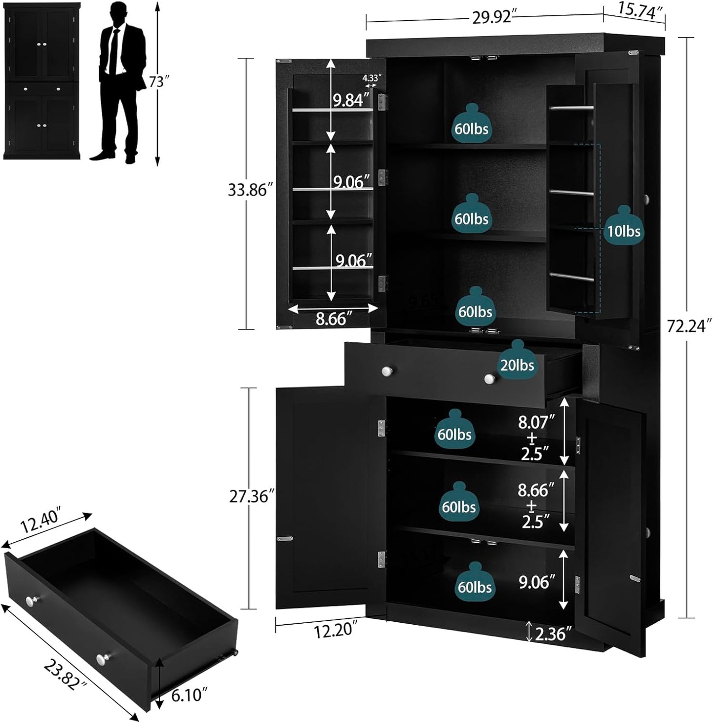 usikey 72” Kitchen Pantry Cabinet, Tall Storage Cabinet with 4 Doors and 1 Drawer, Freestanding Cupboard with 6 Hanging Shelves and Adjustable Shelves for Kitchen, Dining Room,Living Room, Black