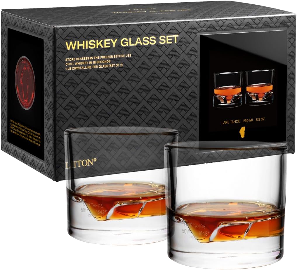Lake Tahoe Heavy Crystal Whiskey Glasses Gift Set of 2, Thick Freezable Bourbon Glass 1lb Each, Premium Whiskey Gifts for Men, Frozen Crystal Chills Cocktails, 10 oz