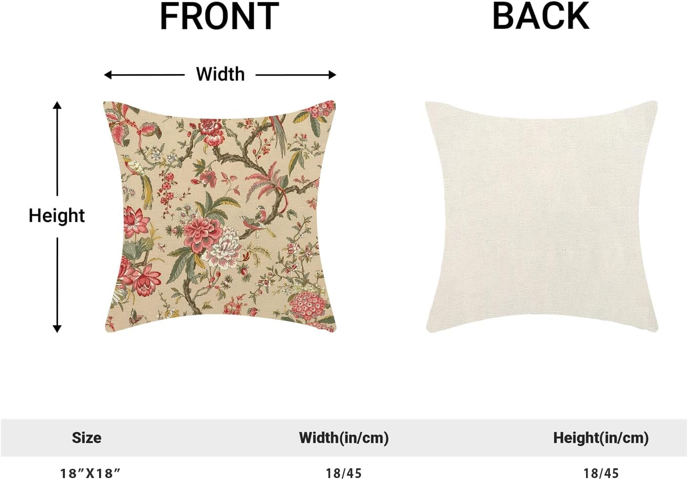 CXMEIFLY Spring Floral Birds Pillow Covers 18 x 18 Inch Set of 2 for Chinoiserie Flowers Decor Throw Pillows Pink Red Plant Outdoor Decorative Cushion Cases for Couch Bed Decorations