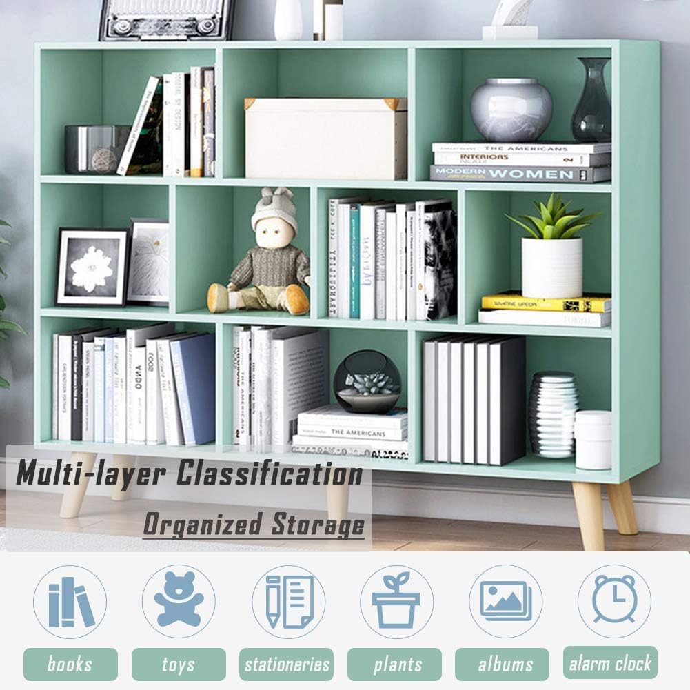 IOTXY Wooden Open Shelf Bookcase - 3-Tier Floor Standing Display Cabinet Rack with Legs, 10 Cubes Bookshelf, Tiffany-Green