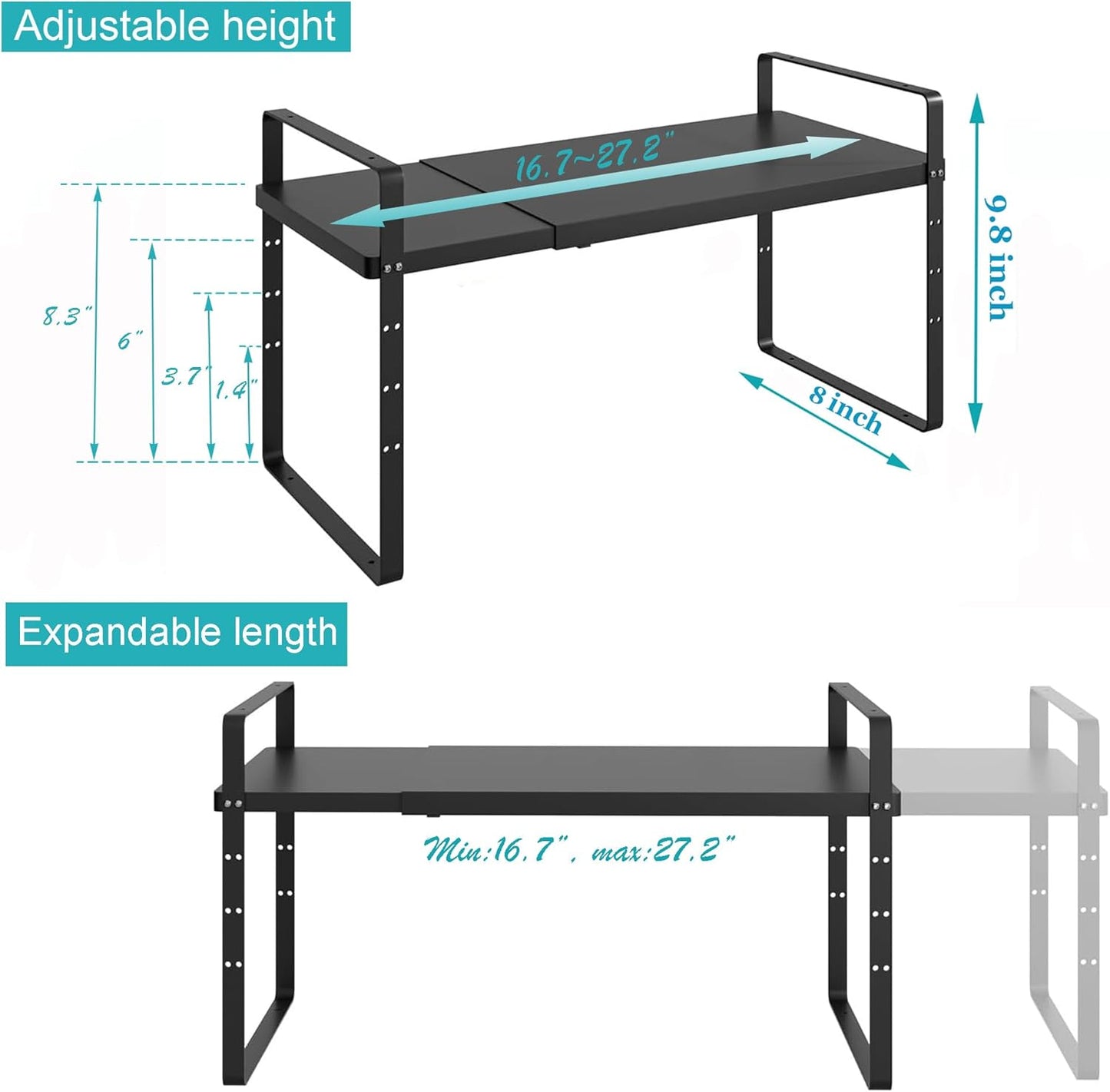 iPEGTOP Expandable Cabinet Storage Shelf Organizer Rack, Heavy Duty Cupboard Stand Spice Rack Adjustable Height Pantry Garage Shelf Space Riser for Counter Kitchen Organization, Black, 1 Pack