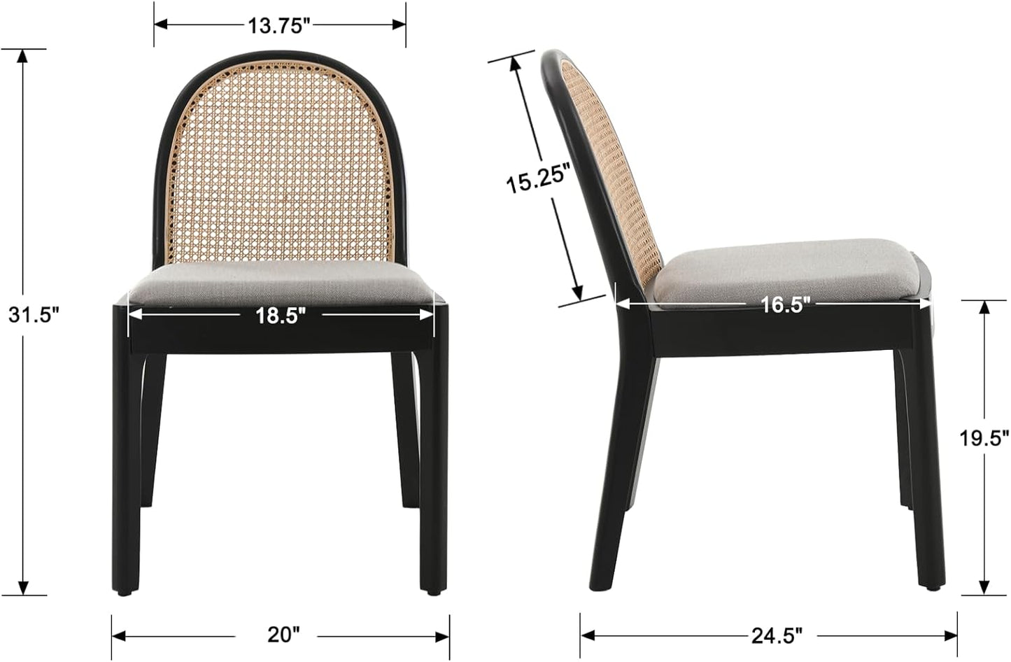 Mid Century Dining Chairs Set of 4, Accent Rattan Side Chairs Linen Fabric Kitchen Chair with Solid Wooden Legs for Living Room Dining Room, Grey