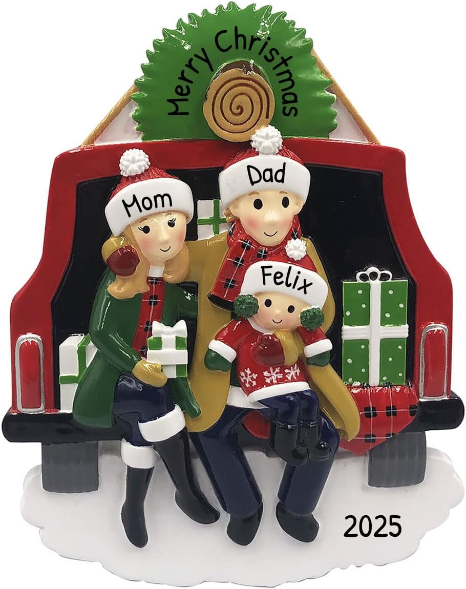 3D Santa Hat Family of 3 Christmas Ornament 2025 Personalized Family Christmas Ornaments 2025 | Road Trip on Vintage Car Personalized Tree Ornaments Customizable Gifts in Red Truck of Three Ornament