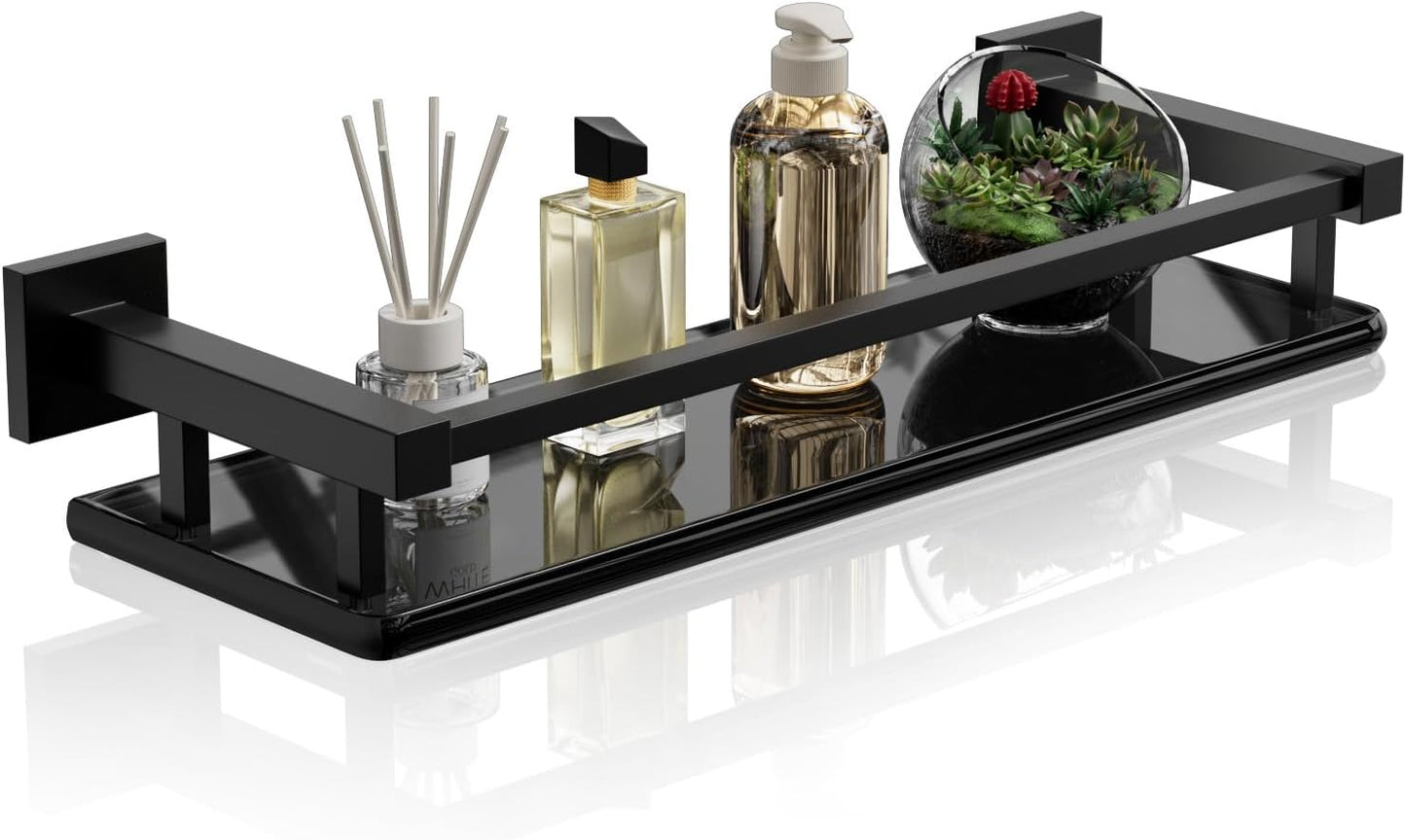 Alise Bathroom Glass Shelf with Stainless Steel Railing, Matte Black Small Tempered Glass Floating Wall Shelf Over The Toilet, 16 inch