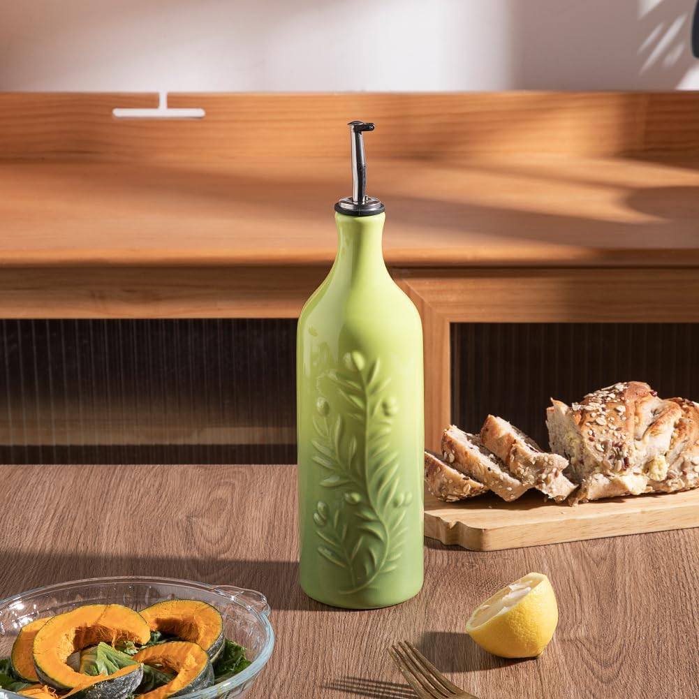 Sweejar Large Olive Oil Dispenser Bottle with Spout, 24 Oz Ceramic Oil Dispenser for Kitchen, Relief Opaque Oil Cruet, Oil Container for Cooking, EVOO, Avocado Oil, Vinegar, Pack of 1(Gradient Green)