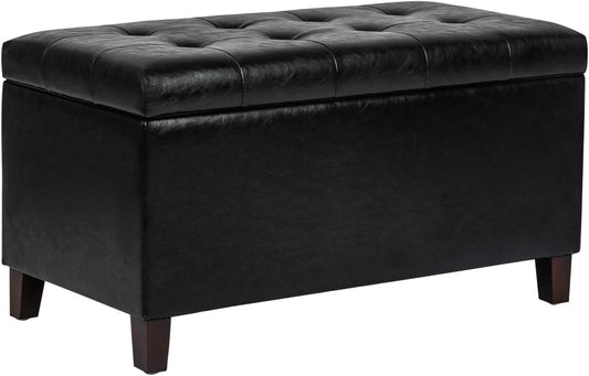 Asense Storage Ottoman Bench, Faux Leather Upholstered End of Bed Bench with Safety Hinge Wooden Legs, for Entryway Bedroom (Black, 33.3")