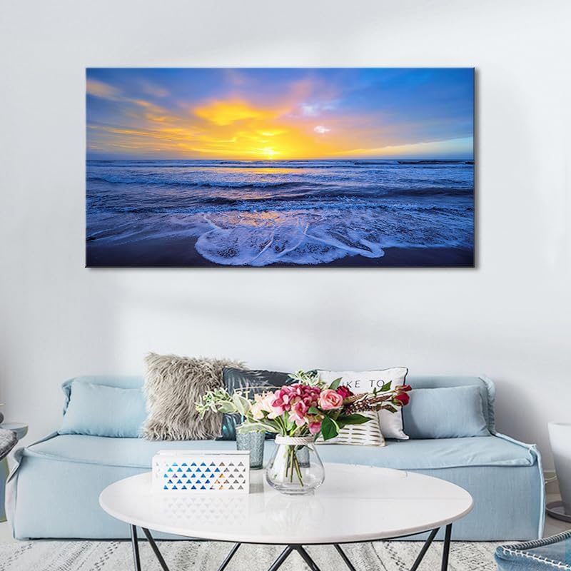 Wall Art Decor Large Sunset Canvas Print Picture Sunrise Ocean Beach Waves Scenery Modern Painting Artwork for Home Office Living Room Bedroom Decoration Framed Ready to Hang, 20x40Inch