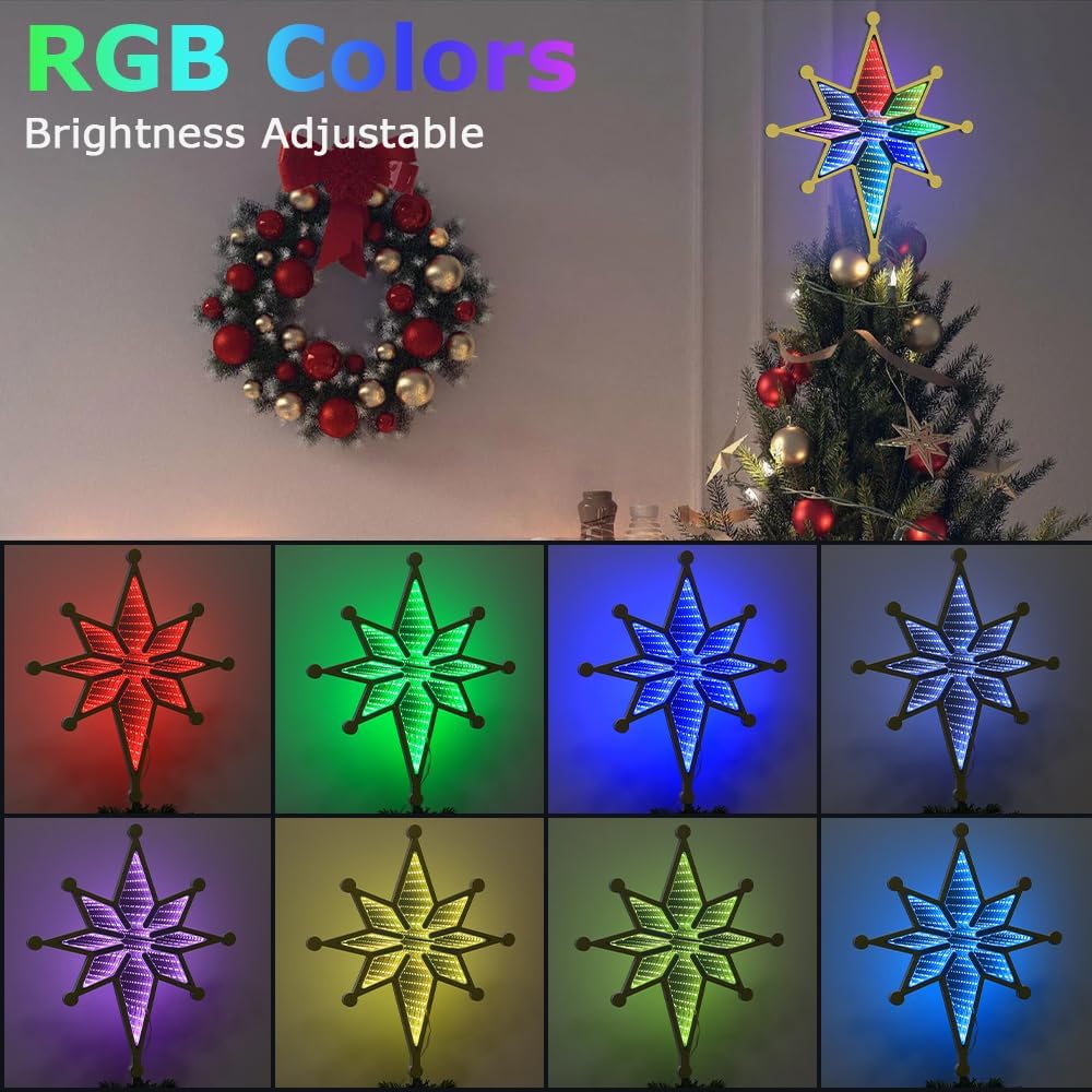 MEETYAMOR Christmas Tree Topper, 13" 130 LEDs RGB Color Change Lighted 8-Point Star Tree Topper, App, Remote & Touch, USB Powered 3D Infinity Mirror Music Sync Treetop Decorations for Xmas Party Gift