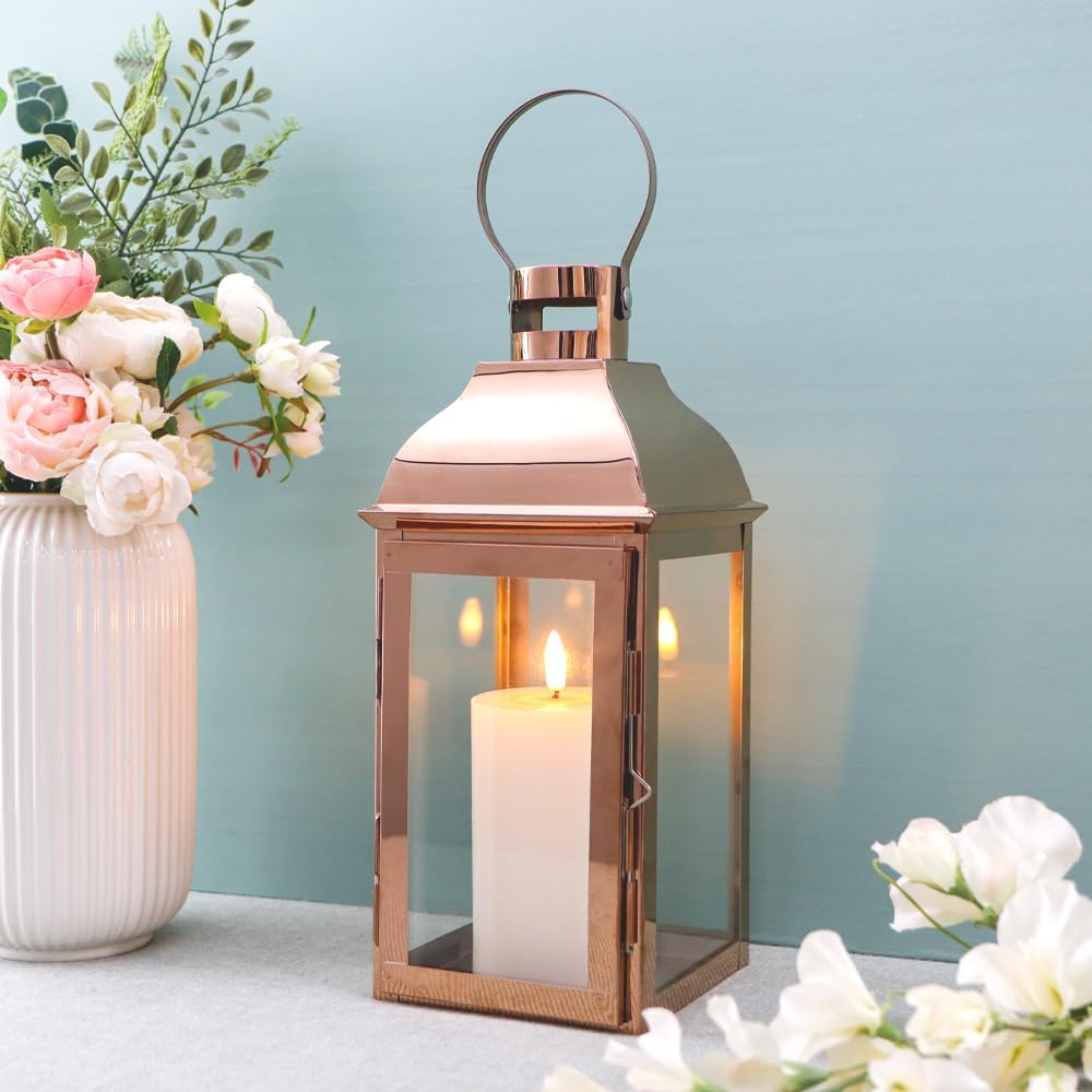 JHY DESIGN Decorative Candle Lanterns 15" High Stainless Steel Candle Lanterns with Tempered Glass for Indoor Outdoor Events Parities and Weddings Vintage Style Hanging Lamps(Rose Gold)
