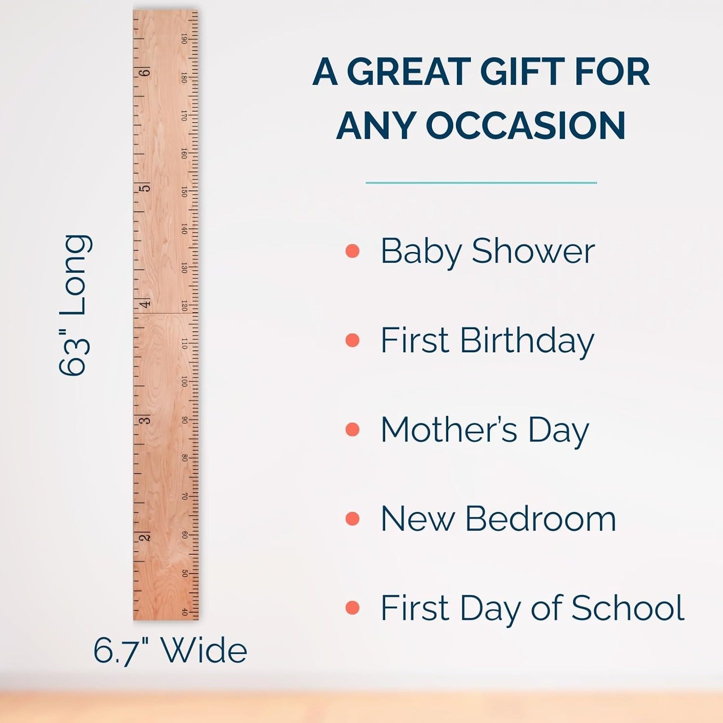 Wooden Growth Chart for Wall - Size Height Chart for Kids, Growth Measuring Board and Kids Height Wall Chart, Growth Chart for Kids, Height Chart for Wall - Natural (63"x6.7")