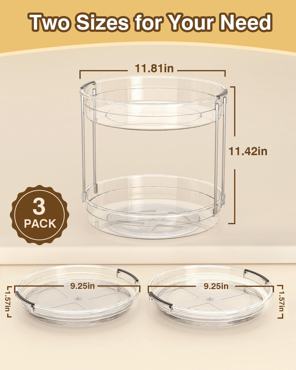 2 Pack Lazy Susan Organizer 9.25''and 11.81'' Two-Tier Lazy Susan Turntable for Cabinet, Spice Rack, and Pantry Storage - Spinning Makeup Organizer for Bathroom, Clear