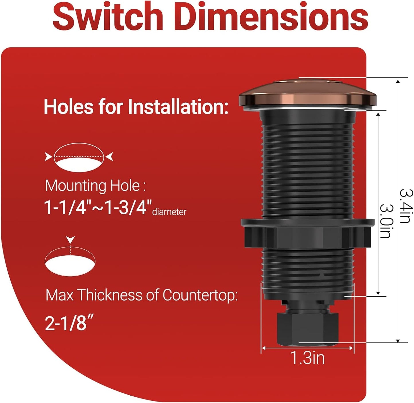 APIELE Garbage Disposal Air Switch Kit, Sink Top Push Button Switch for Food Waste Disposer, UL Listed 3.6" Long On/Off Air Button (Red Bronze)