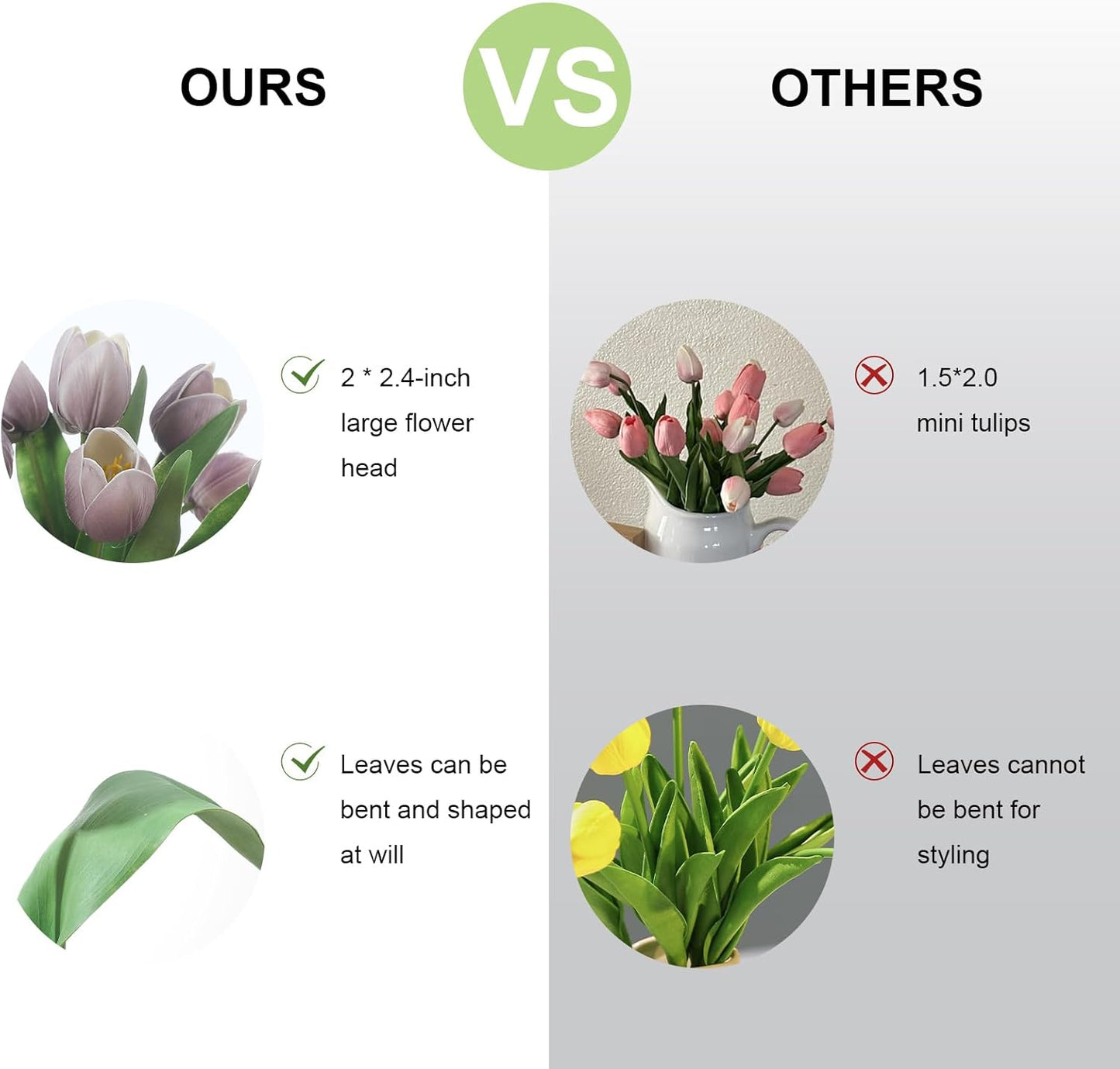 Light Purple Artificial Tulips, 2 Bundles 14Pcs, Fake Tulips Artificial Flowers, 2 x 2.4 Inch Large Flower Head Big Tulip, Easter Valentine's Day Mother's Day Home Decoration Flowers