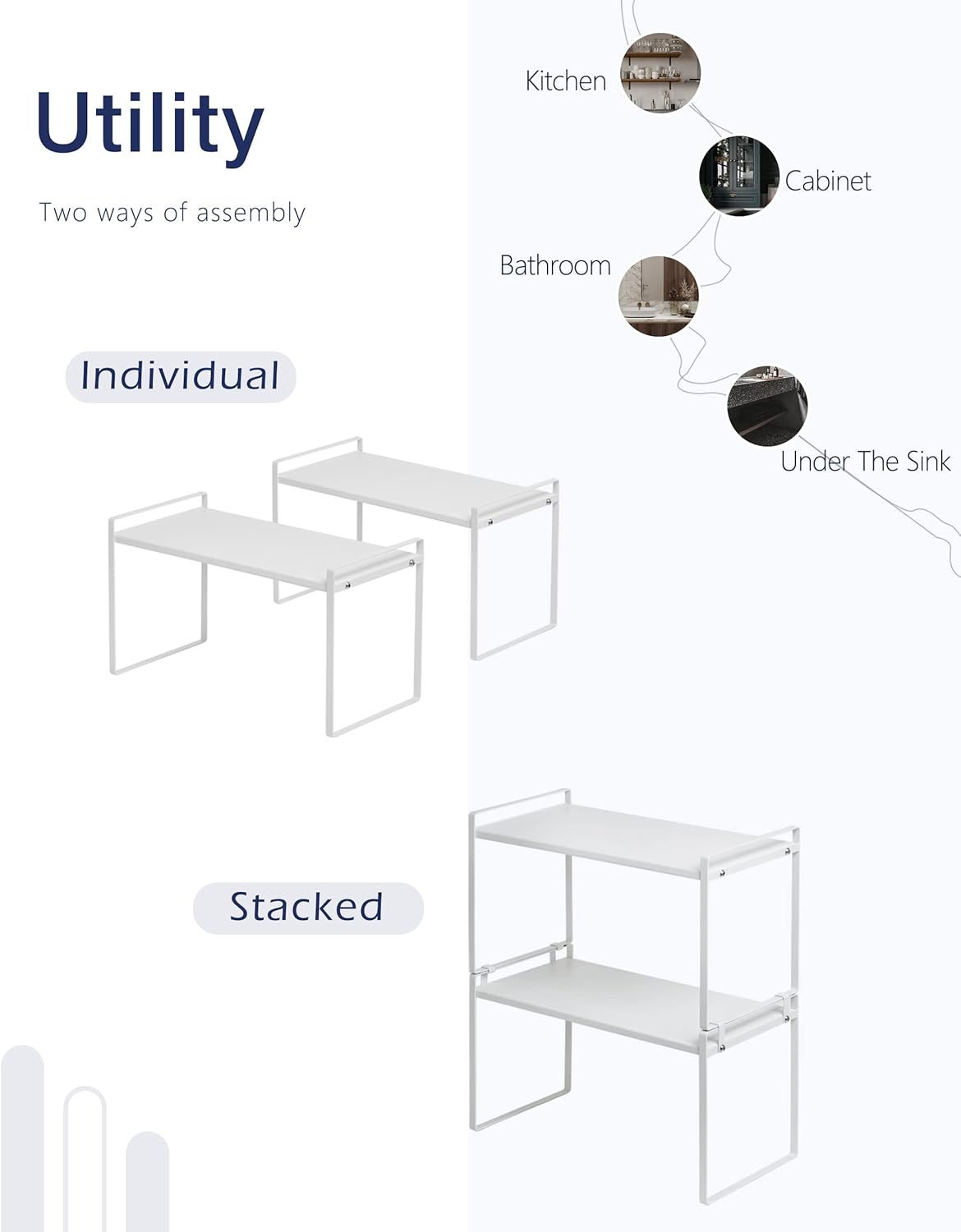 Nxconsu 2Pack Cabinet Shelves Stackable Organizer Rack Riser for Kitchen Cabinet Pantry Cupboard Counter Countertop Home Organization Storage Space Saver Heavy Duty Metal Nonslip White Tall