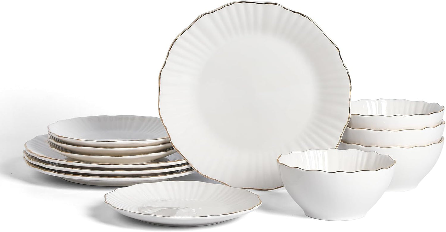 Christian Siriano Zinnia Porcelain Dinnerware Set, 12-Piece Plates and Bowls Set, White and Gold Dish Set for 4, Scalloped Edge, Hand Wash Only