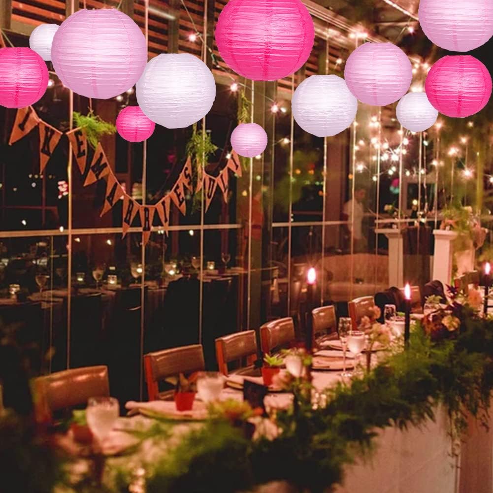 Paper Lanterns Decorative, Pink Hanging Round Chinese Lanterns with Lights for Engagement Bachelorette Birthday Party 12 LED Light Pack of 12