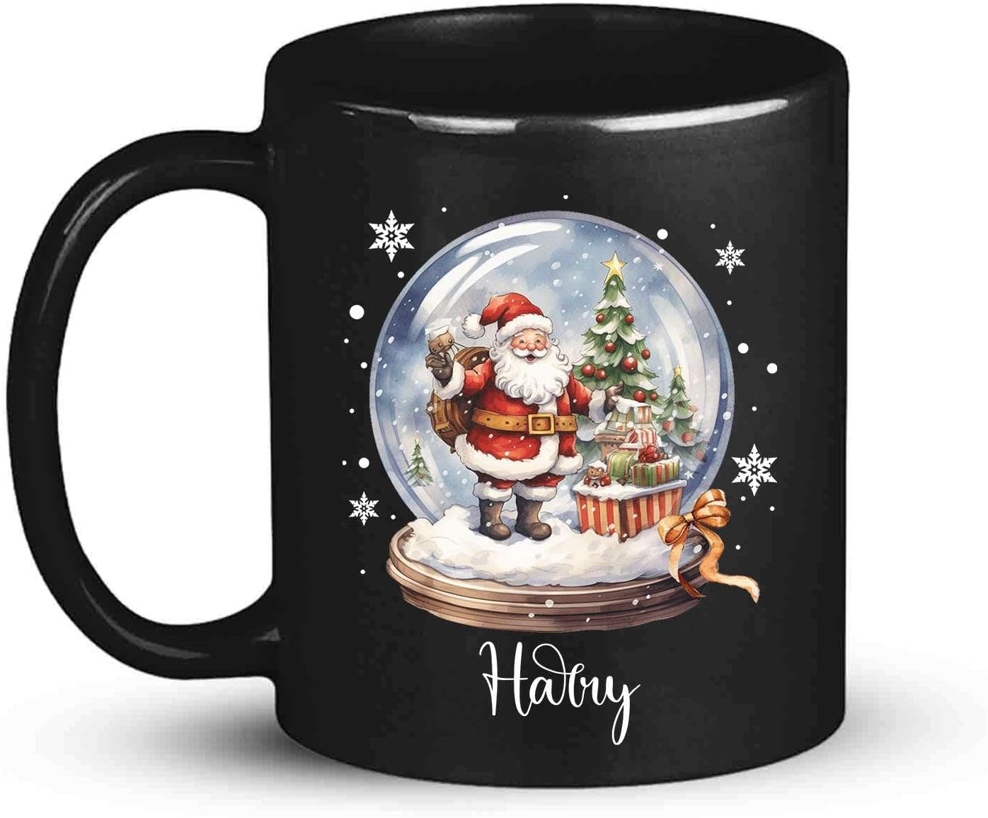 Custom Snow Ball Design Mug With Name, Personalized Black Cup 11oz 15oz, Snow Ball With Santa Claus And Christmas Tree Inside Design, Customized Christmas Themed Coffee Cup