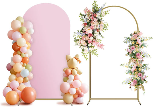 Arch Backdrop Stand and Cover Set, Metal Balloon Arch Backdrop 6ft, Gold Arched Stand Frame for Wedding, Parties,Birthday, Backdrop Decorations (Pale Pink,6ft)