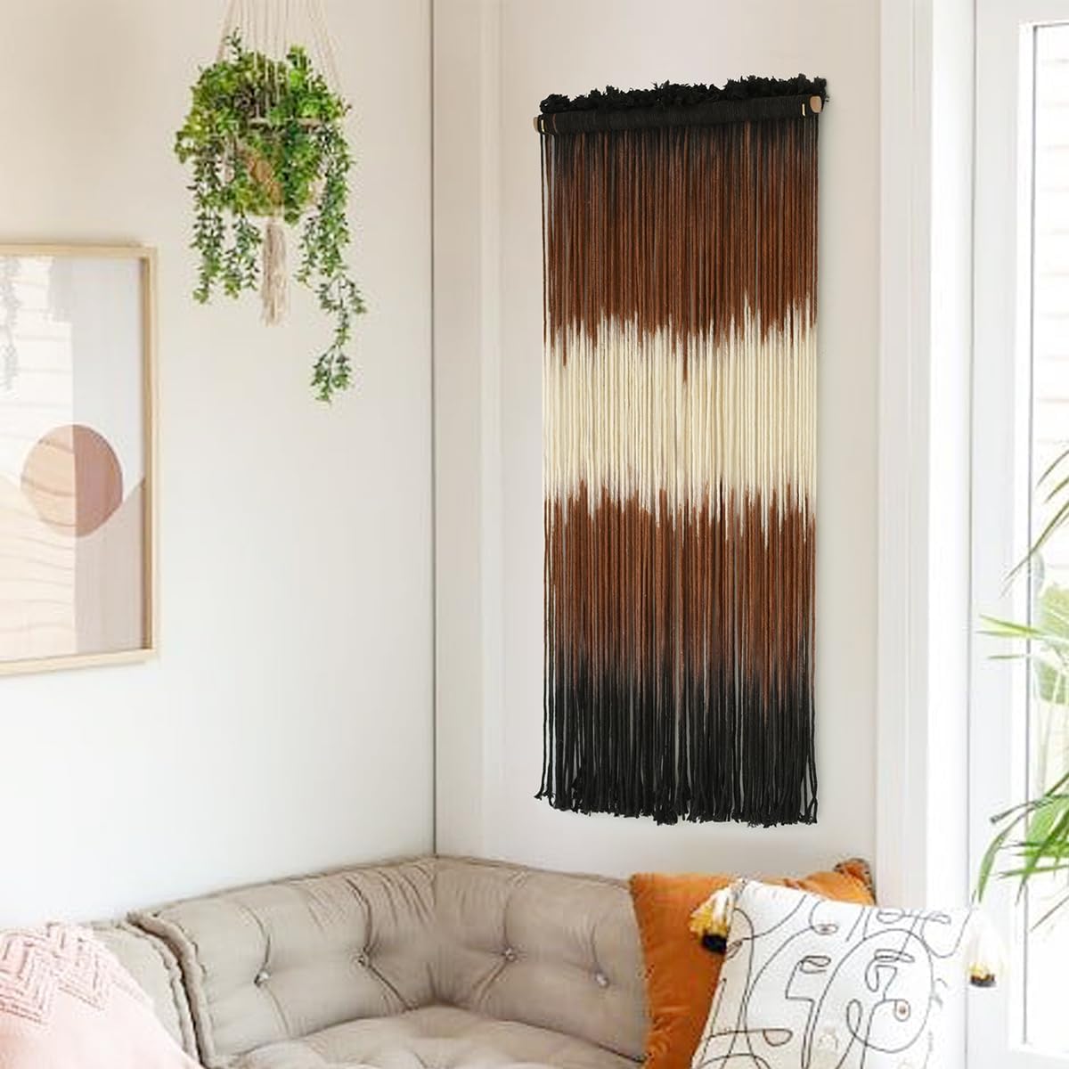 Macrame Wall Hanging Brown Boho Hand Woven Tassel Yarn Tapestry Wall Art for Living Room Bedroom Fiber Art 15''W*43''L
