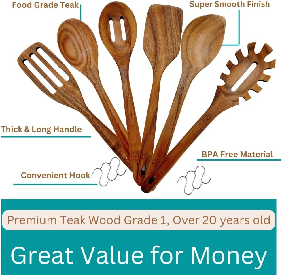 Wooden Utensils for Cooking, Premium Teak Healthy Spoons, Wooden Spoons for Cooking, Durable Eco-Friendly and Safe Teak Cooking Spoon, Cooking Gifts for Mom (set of 6) and Hooks