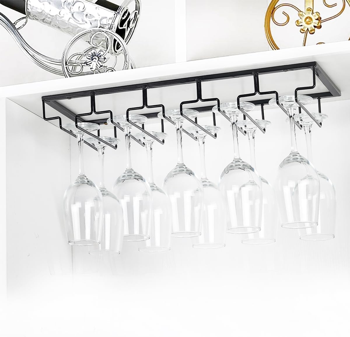 Wine Glass Rack - Under Cabinet Stemware Wine Glass Holder Glasses Storage Hanger 2 Pack Metal Organizer for Bar Kitchen 5 Rows Black