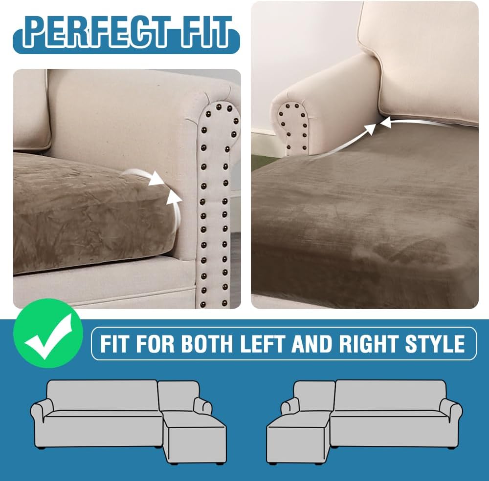 H.VERSAILTEX Velvet Stretch Sectional Couch Covers 3 Pieces Sofa Seat Cushion Covers L Shape Separate Couch Cover for Both Left/Right Sectional Couch (Large Sofa 2 Seater + 1 Chaise, Mocha)