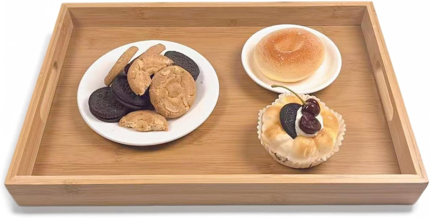 Large Bamboo Wooden Tray with Handles, Rectangular Natural Solid Wood Dinner Tray, Bamboo Wood Original Color. Suitable for Kitchen,Bedroom, Coffee, Party bar. (14.9x10.2 inches)