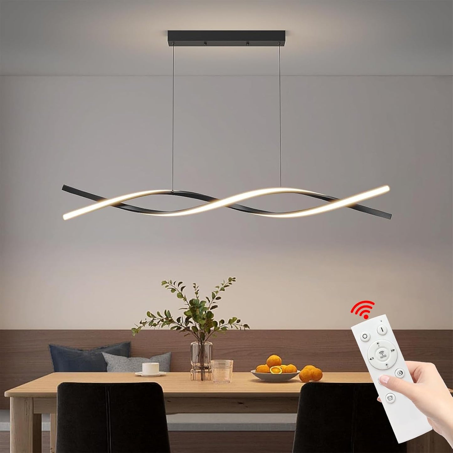 Modern Ceiling Chandelier Light, Acrylic Anti Flicker Pendant Lamp with Remote Control Dimmable 3 Color Mode & Brightness (Warm Cool Neutral Light) for Kitchen Bar Walnut