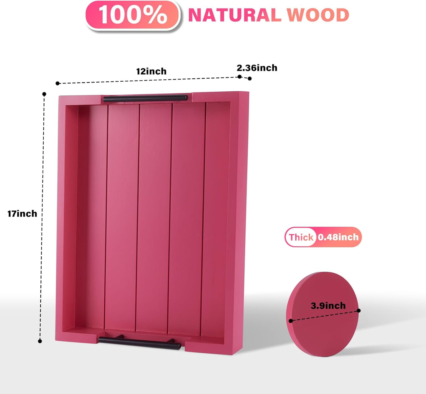 Ottoman Tray | Coffee Table Tray Decorative, Serving Tray with Handles - 17x13 Inch Wood Tray for Coffee Table Tray - with 4 Wooden Coasters -Tray for Ottoman, Breakfast