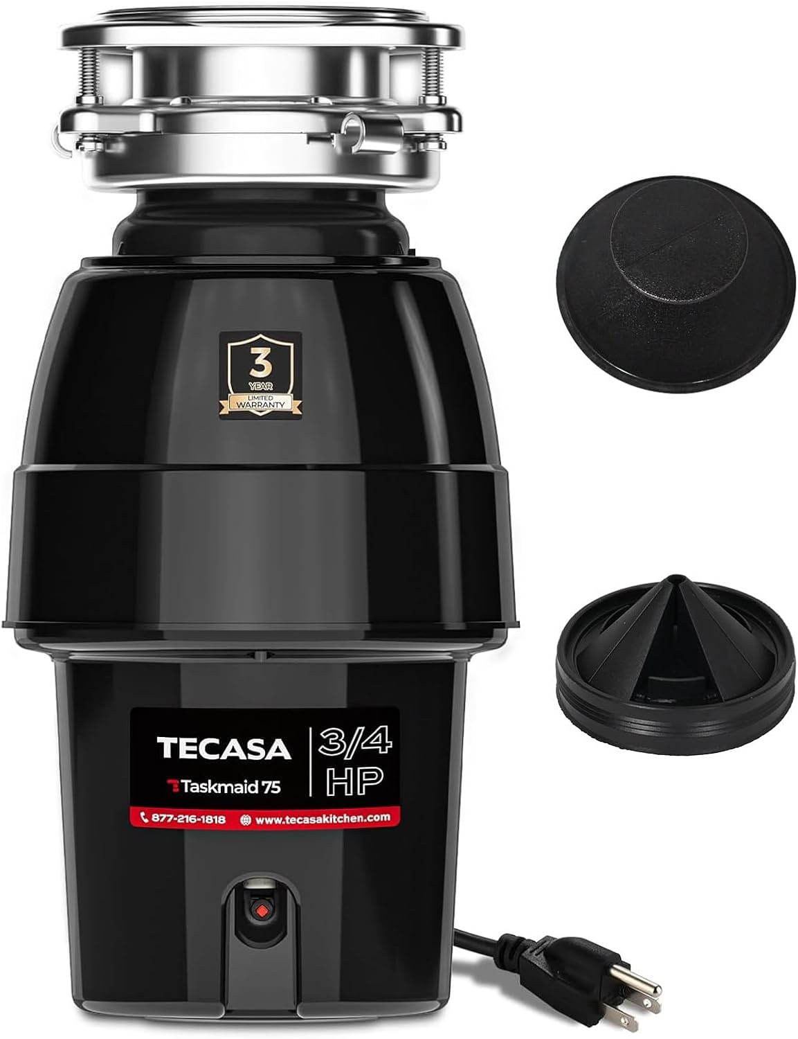 3/4 HP Garbage Disposal, TECASA Food Garbage Disposal with Power Cord, Stainless Steel Grinding System and 3-Bolt Mounting, Continuous Feed Garbage Disposals, Quiet, Taskmaid Series 75
