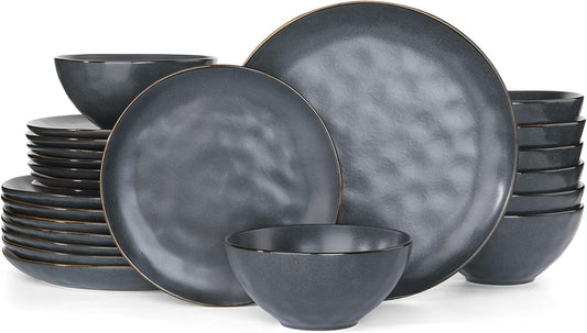 Famiware Dinnerware Sets for 6, Ocean Round 18-Piece Kitchen Plates and Bowls Sets, Microwave and Dishwasher Safe, Scratch Resistant, Matte Black