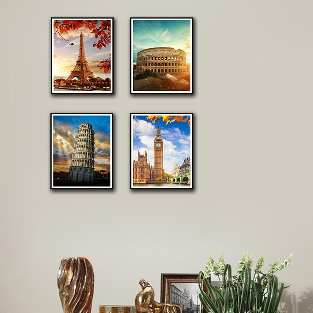 Boho Wall Art Decor, London, Tower of Pisa, Paris, Eiffel Tower,Roman Colosseum,City Wall Decor Art ,Modern Landscape Wall Art for Living Room Bedroom Prints Poster ,8x10 Inch Set of 4,Unframed