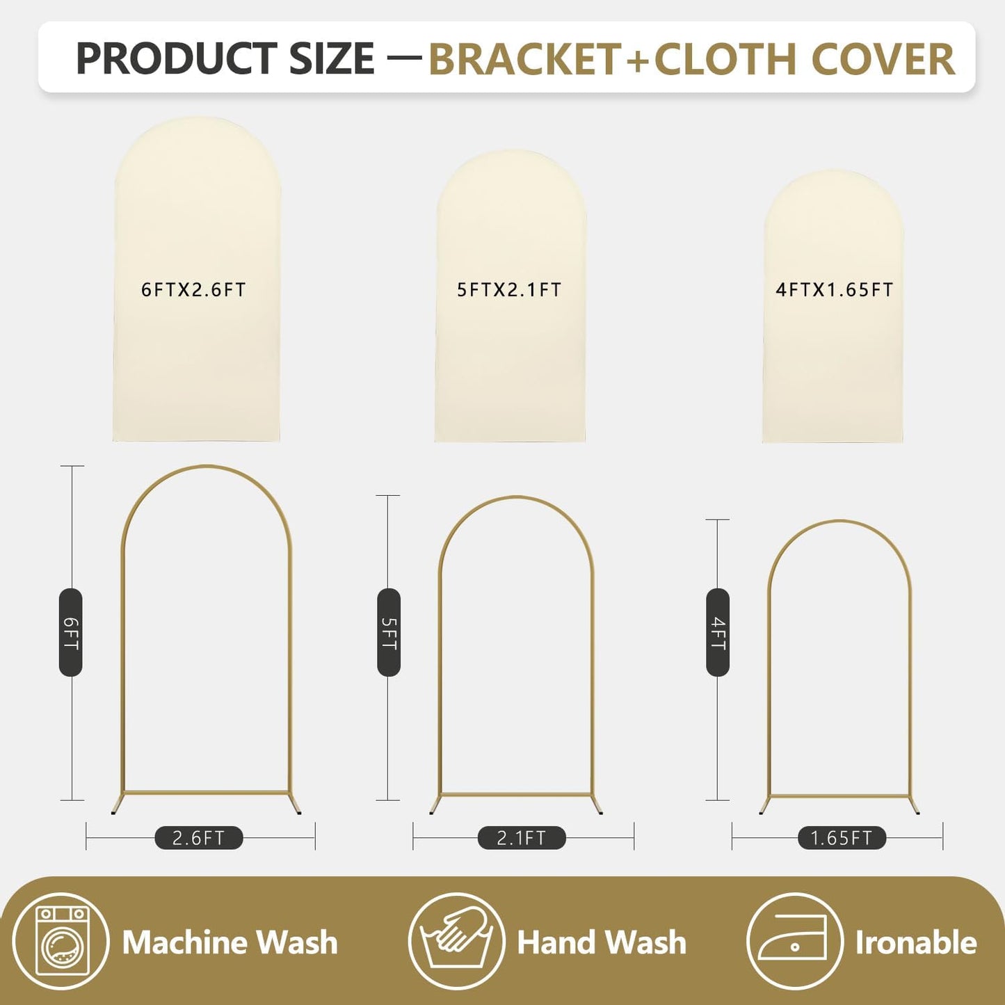 Arch Backdrop Stand and Cover Set, 3 Metal Balloon Arch Backdrop 4ft 5ft 6ft, Gold Arched Stand Frame for Wedding, Parties,Birthday, Backdrop Decorations (Beige,4ft+5ft+6ft)