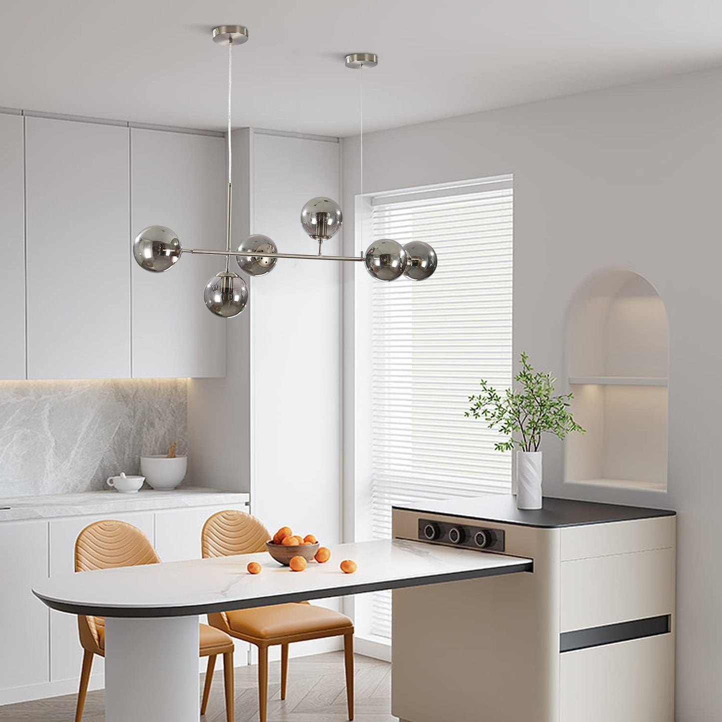 KCO Modern 6-Light Ceiling Pendant Lighting Mid-Century Glass Globes Sputnik Pendant Lamp Hanging Adjustable Chandelier for Kitchen Island Living Dining Room (Silver+Smoke Grey)