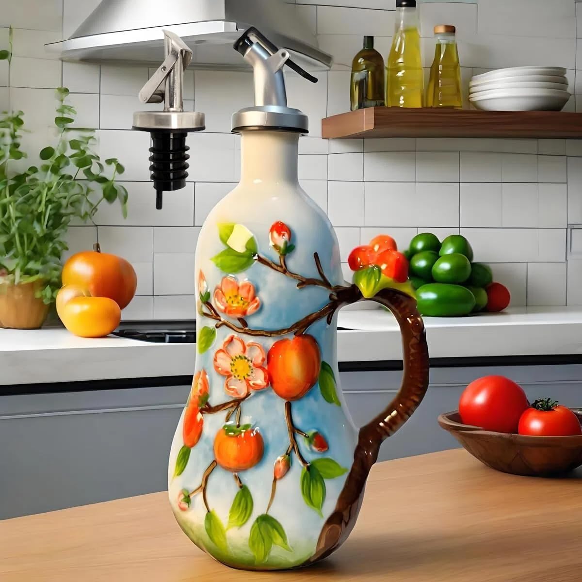 18 Oz Hand Painted Relief Ceramic Olive Oil Bottle Dispenser for Kitchen, Oil and Vinegar Bottle, Seasoning Bottle with Stainless Steel Nozzle, 540mL Oil Container with Handle for Cooking, Light Proof