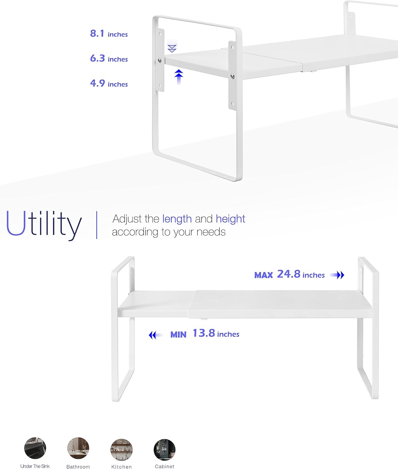 Nxconsu Cabinet Shelf Expandable Height Adjustable Shelf Organizer Riser for Kitchen Cabinet Pantry Cupboard Under Sink Countertop Organization Storage Space Saver Stackable Heavy Duty Metal White XL