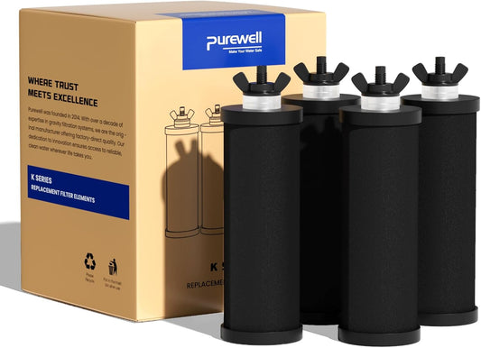Purewell PF-3 Black 3-Stage Composite Purification Elements, Replacement Filters for ProOne® and Berkey® Filters, ProOne® or Berkey® Big+ Water Filter System and Purewell System (4 Pack, K Series)